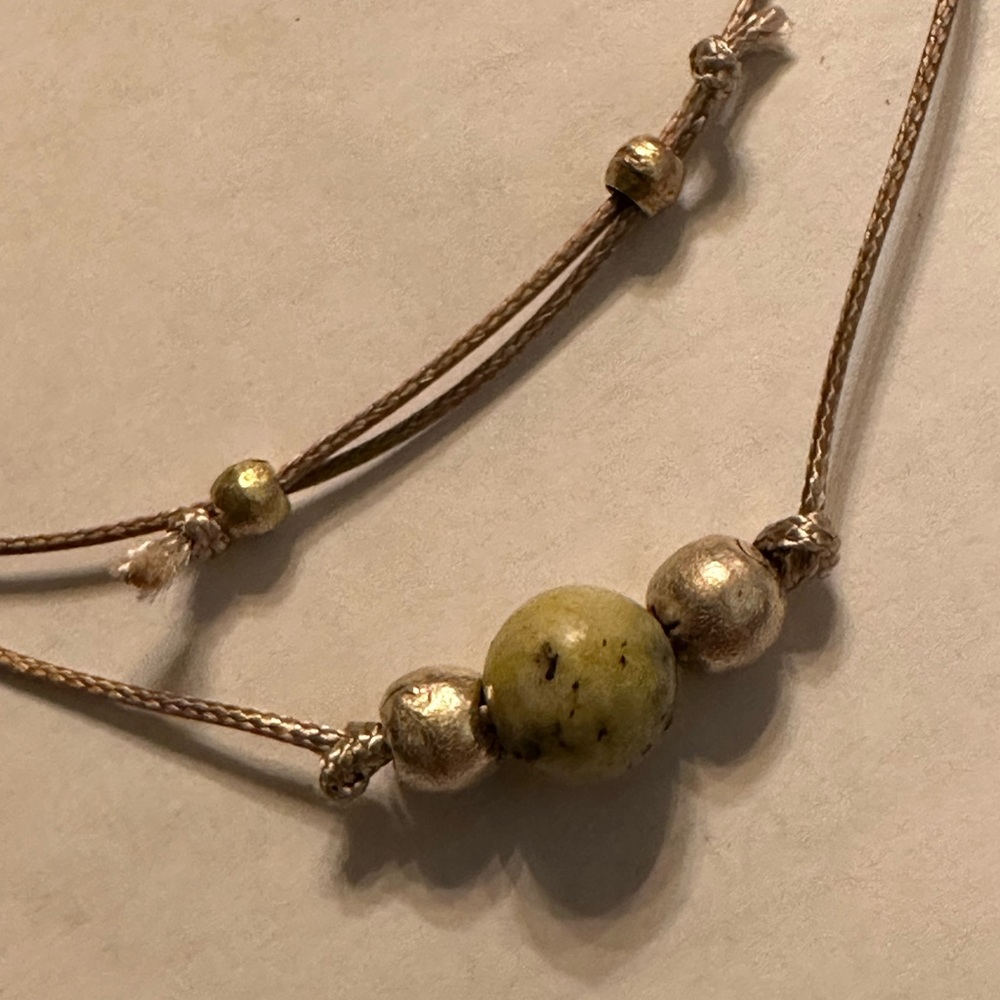 ARTISAN Yellow Turquoise Antique Gold Metal Beaded Tan Cord Adjustable Necklace
